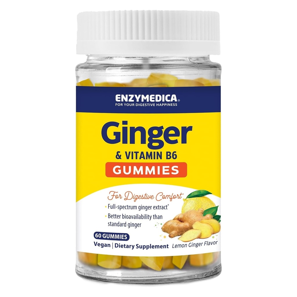 Enzymedica, Ginger & Vitamin B6 Gummies, Dukungan untuk Occational Nausea & Inditrable, Potensi Tinggi, Sama dengan 200 mg Ginger Extract, 60 Count