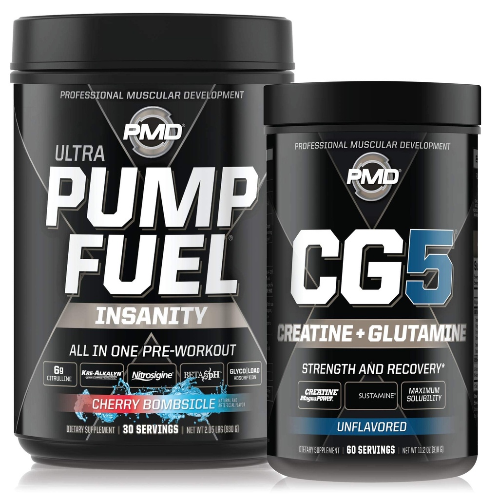 PMD Sports Ultra Pump Fuel Insanity - Pra Cherry Bombsicle (30 Servings) Olahraga CG5 Premium Creatine dan L- Glutamine Powder (60 Servider)