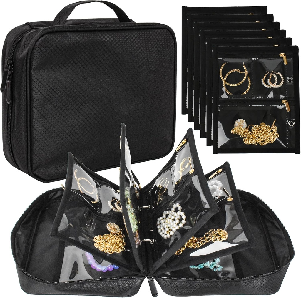 Case Travel Jewelry Organizer, Jewelry Bags Jewelry Storage Book Binder dengan Clear Zipper Velvet Pouch untuk Traveling, Earrings, Rings, Necklace, Brackets