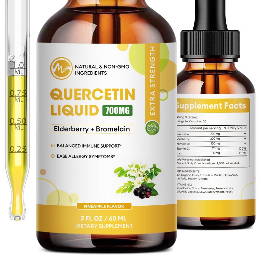 Quercetin Liquid Drops - Quercetin Suplemen 700mg - 4X Stronger Than Pills & Capsules - 5 in 1 Quercetin dengan Bromelain Elderberry Vitamin for Immunity Health Carkin - 2 Fl Oz