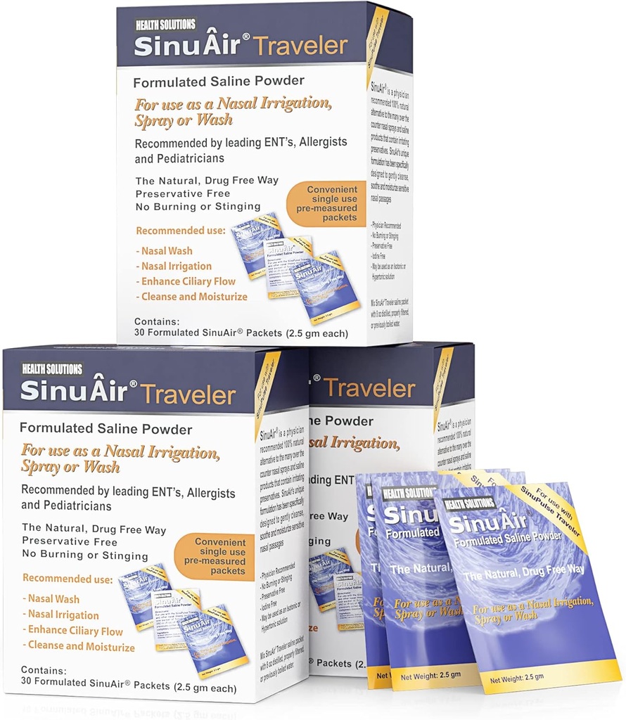 SinuAir 2.5 Gram Saline Packet - Sodium Chloride dengan Potasium & Kalsium, Bubuk Solution Garam Isi Paket untuk Mesin Irrigasi Nasal, 90 Paket