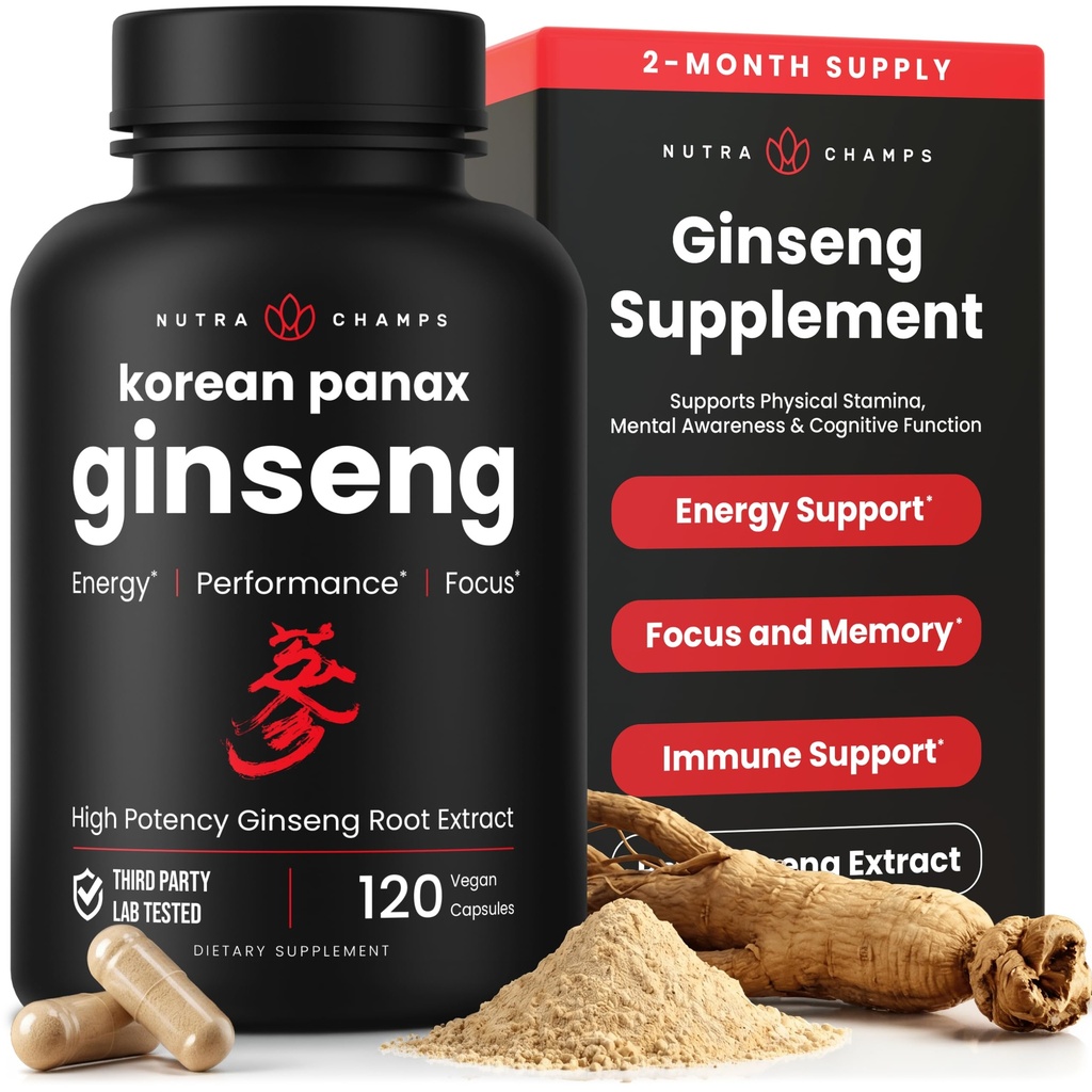 NutraChamps Korean Red Panax Ginseng Capsules 124; Ekstra Kekuatan Ginsenosides untuk Energi, Fokus, Performance, Vitalitas & Imune Dukungan 124; Kingseng Root Ekstrak (120, Merah)