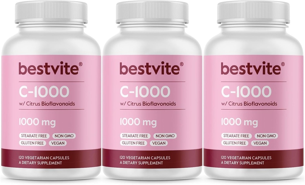 BestVITE Vitamin C 10000mg (360 Vegetarian Capsules) (120 x 3) dengan Citrus Bioflavinoids - No Stearates - Vegan - Non GMO - Gluten Free