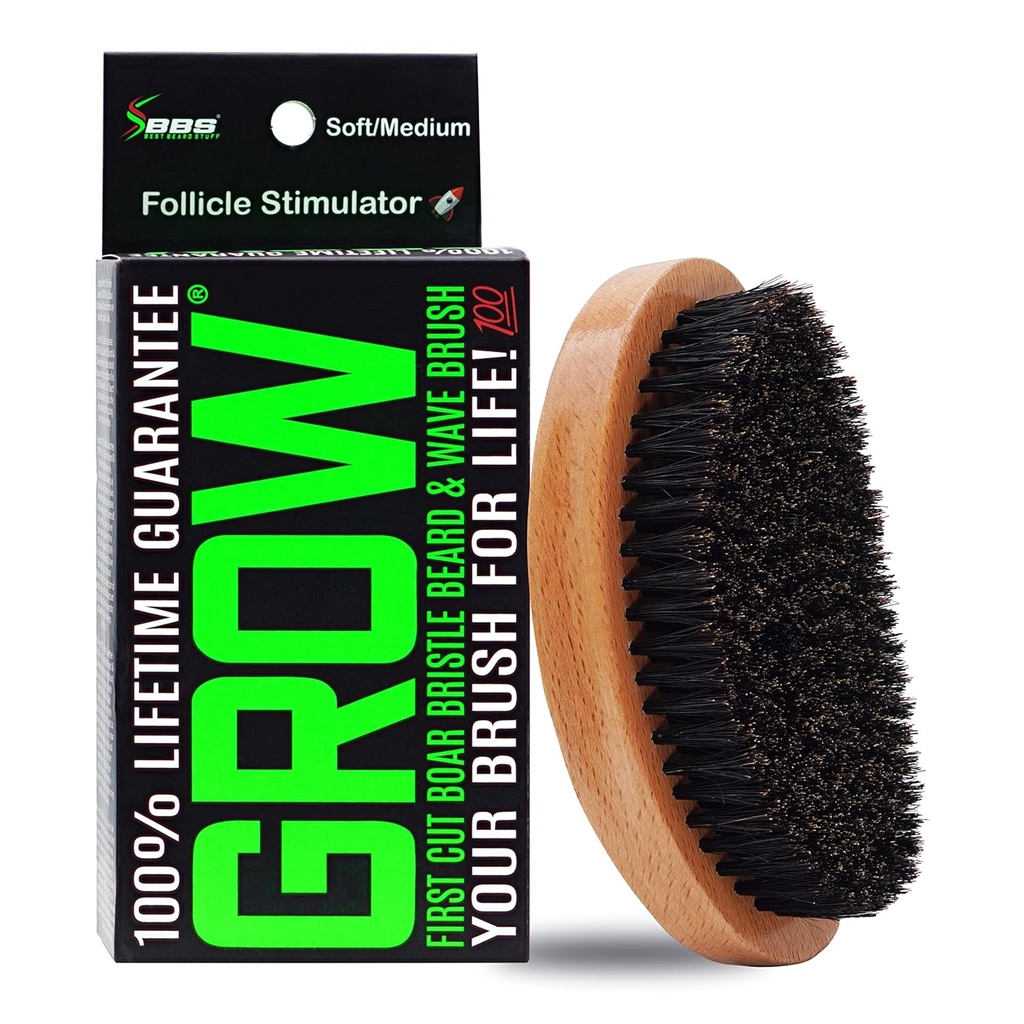GROW Boar Bristle Beard Brush & 360 Wave Brush for Men - Beard and Muscud Growth Brush - Beard Brush for Men & Follicle Stimulator - Exfoliate, Detackle & Boost Circulation - USA Made