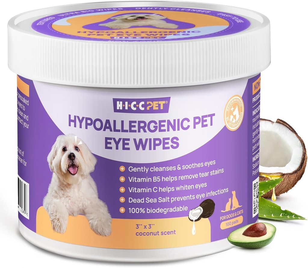 HICC PET Eyes Wipes for Dogs & Cats, Vet- Rekomendated Dog Eye Infection Treatment, Lelet Tear Stain, Debris, Discharge - Hipotealergenic Pet Eye Wasting for Eyes, Wrinkle, Face - 100pcs