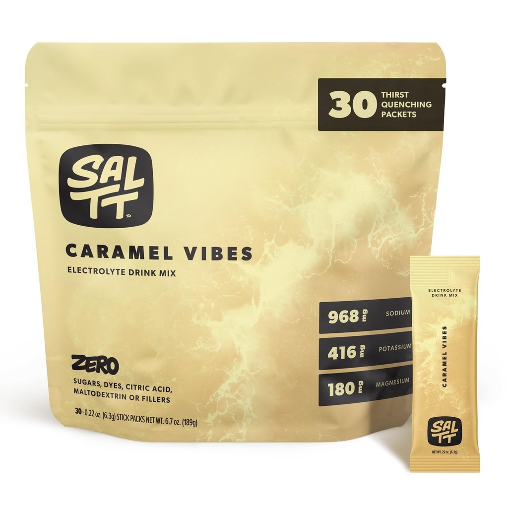 SallTT Electrolytes Powder Flavored Drink Mix - Caramel Vibes - 30 Paket Hidration - Magnesium, Potasium, Sodium, Trace Mineces - Zero Sugar & Gluten Free - Travel Essensial