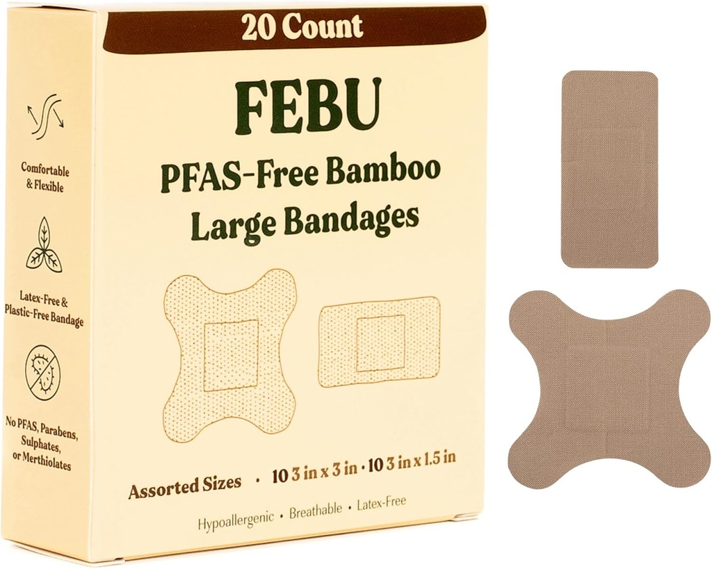PFAS Free Bandages for Scrapes & Cuts 124; Fleksible Fabric Bandage; Fully Compostable, Latex Free Bandage 124; 20 Count Large