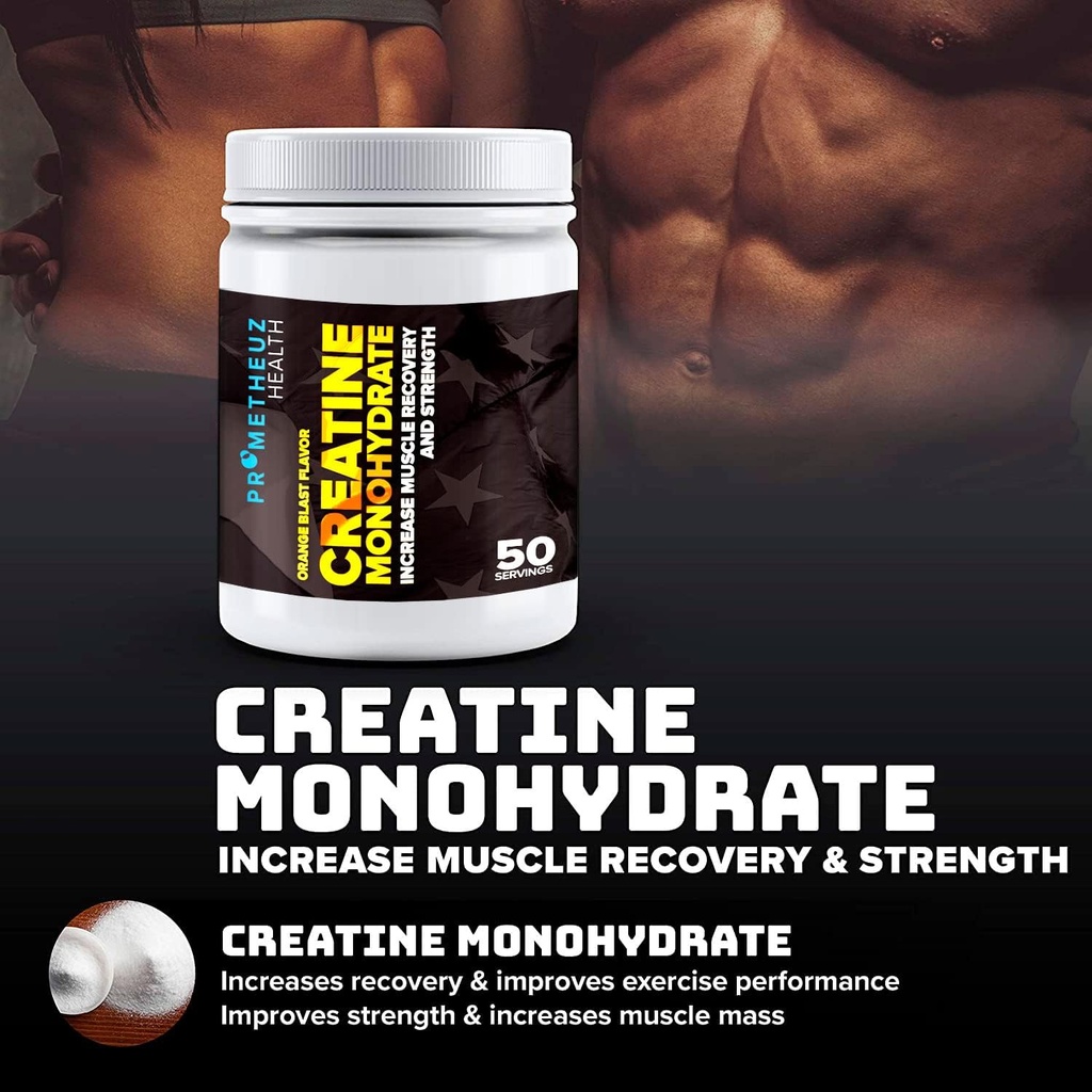 PrometheuzHealth Creatine Monohydrate - Increase Muscle Recovery and Strength for Men and Women, Hydrates Muscles and Joints: 124; Orange Blast Flavor, 50 Servings