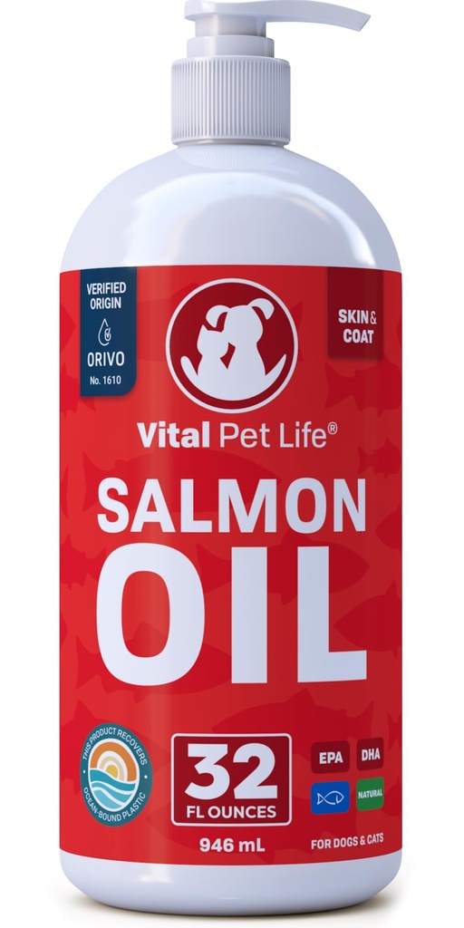 Salmon Oil for Dogs & Cats - Sehat Skin & Coat, Fish Oil, Omega 3 EPA DHA, Liquid Food Suplement for Pets, All Natural, Supports Joint & Bone Health, Natural Allergy & Inflammation Pertahanan, 32 oz