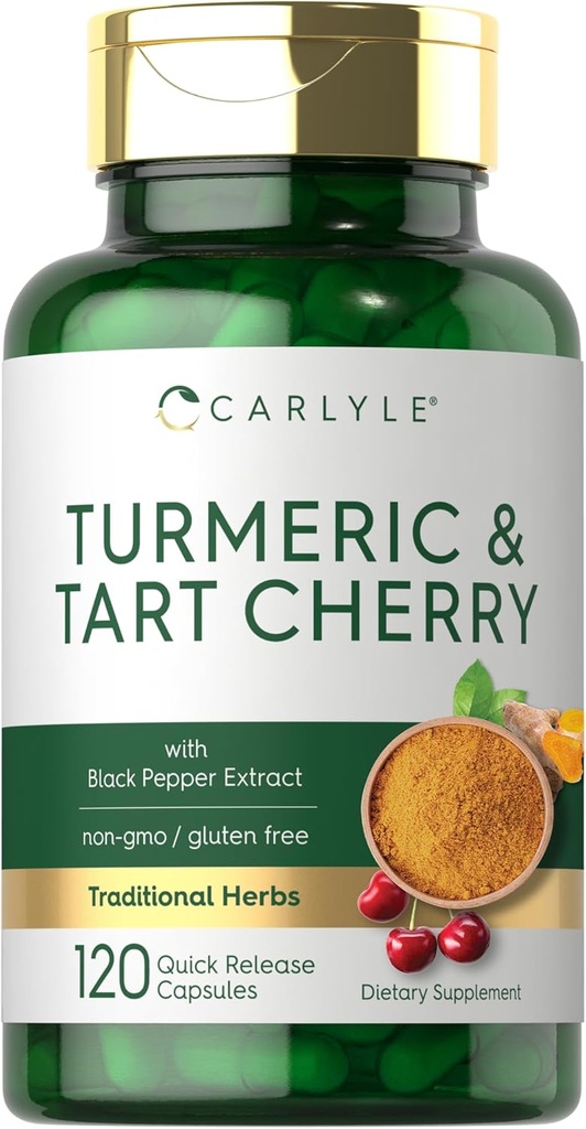 Carlyle Turmeric dan Tart Cherry Capsules 124; 120 Count 124; dengan Bioperine 124; Vegetarian, Non-GMO, Gluten Free Supplemen