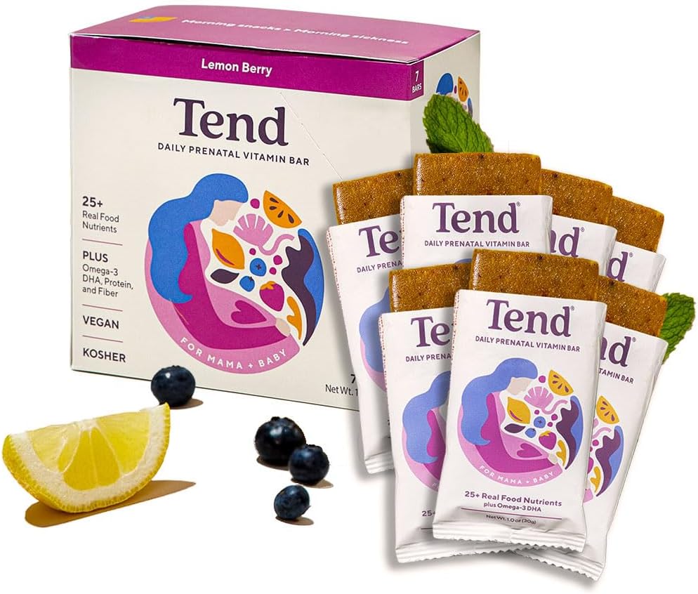 Tend Daily Best Prenatal Vitamin Bar, dibuat dengan Ingrediasi Organik untuk Ibu hamil & Postpartum, termasuk DHA, Vitamin D, B, Choline, Faunder - Lemon Berry (7ct)
