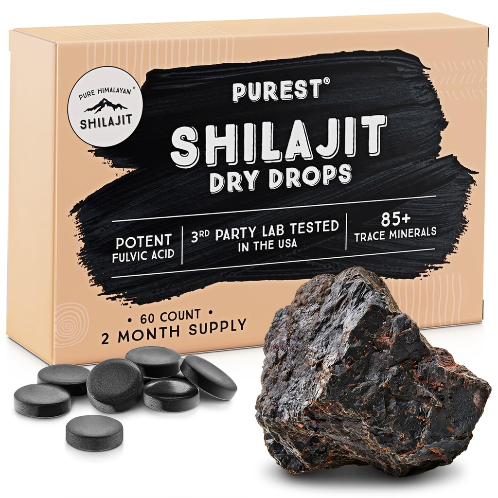 Prasejarah Himalaya Shilajit Dry Drops, 100% Pure Natural Shilajit, Tingkat A, Max Potency 85 + Clean Trace Minetest & Fulvic Acid for Energy, Metabolisme & Ammune Support Supplemen untuk Pria & Women (60 tab)