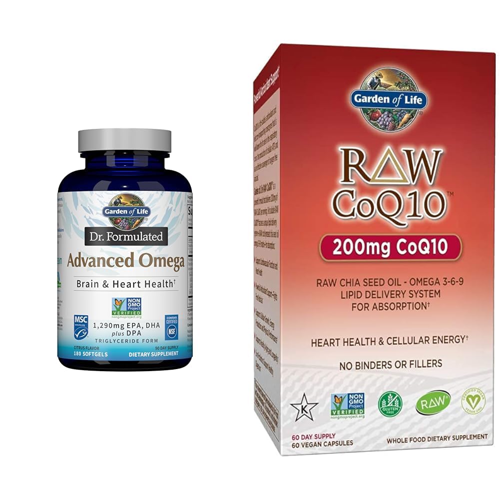 Garden of Life Dr. Formulated Advanced Omega Fish Oil - Lemon, 1.290mg EPA, DHA + DPA & Vegetarian Omega 3 6 9 Suplemen - Raw CoQ10 Chia Benih Oil Pangan Seluruh