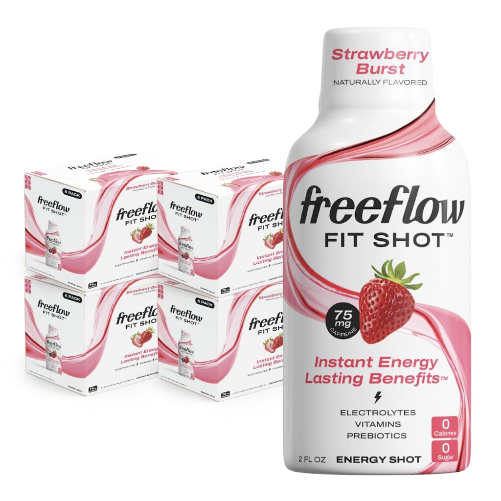Freeflow Fit Energy Shots, Strawberry Burst, Natural Caffeine Boost with L-theanine, Ginseng, Vitamin, Pregories, Electrolite (24 Count, 2oz Shots)