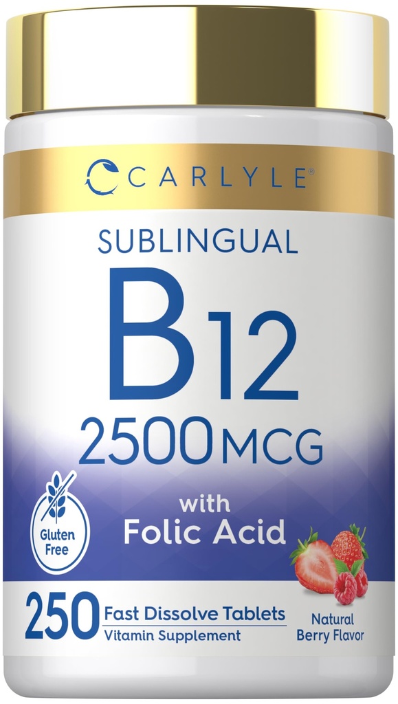 Carlyle Vitamin B12 Sublingual 2500 mcg 124; 250 Quast Dissolve Tablets; Cyanocobalamin Sublinual Sublinual 2500 mcg; 250 Query 124; Vegetarian, Nun-GMO, dan Gluten Free