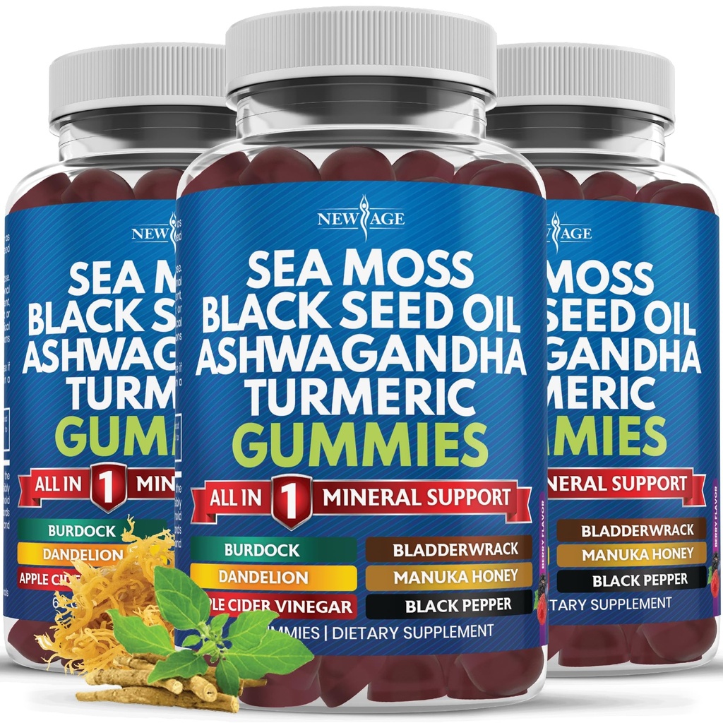 Sea Moss Gummies, Sea Moss, Black Seed, Ashwagandha, Turmeric, Manuka Honey, ACV, Dandelion, Black Pepper, Burdock, Bladderwrack, Vegan - 180 Count