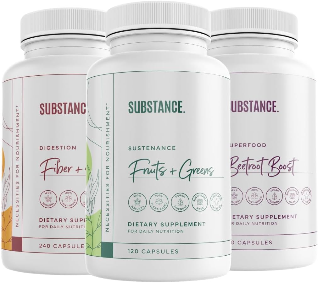 SUBSTANCE. 3- Pack Overall Wellness Bundle: Nature 's Supports Daily Fruits & Veggies (120 Caps) + Fiber & Spices (240 Caps) + Beetroot Boost (180 Caps) - US Made, Vegan - Friendly