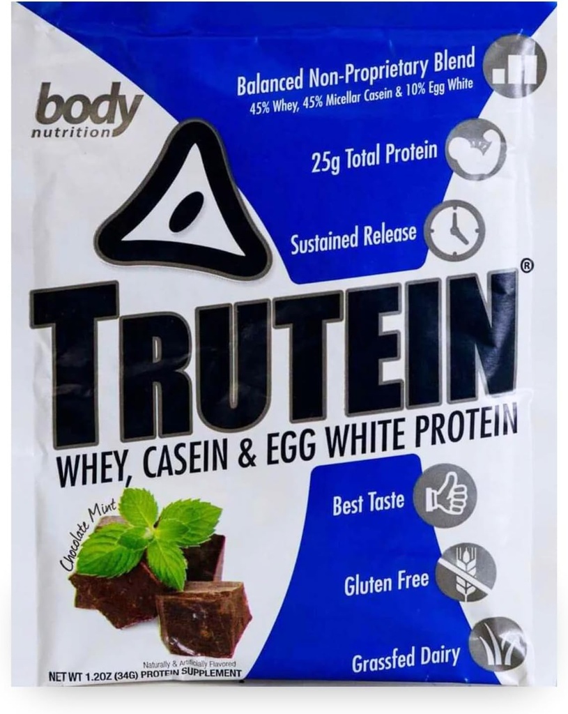Powder Protein Tinggi Body Nutrition: 45% Whey, 45% Casein, 10% Egg White, Gluten- Free, Low Sodium, Grass Fed Whey Protein Powder, Gym Suplemen & Breakfast, Chocolate Mint, 34g Sample
