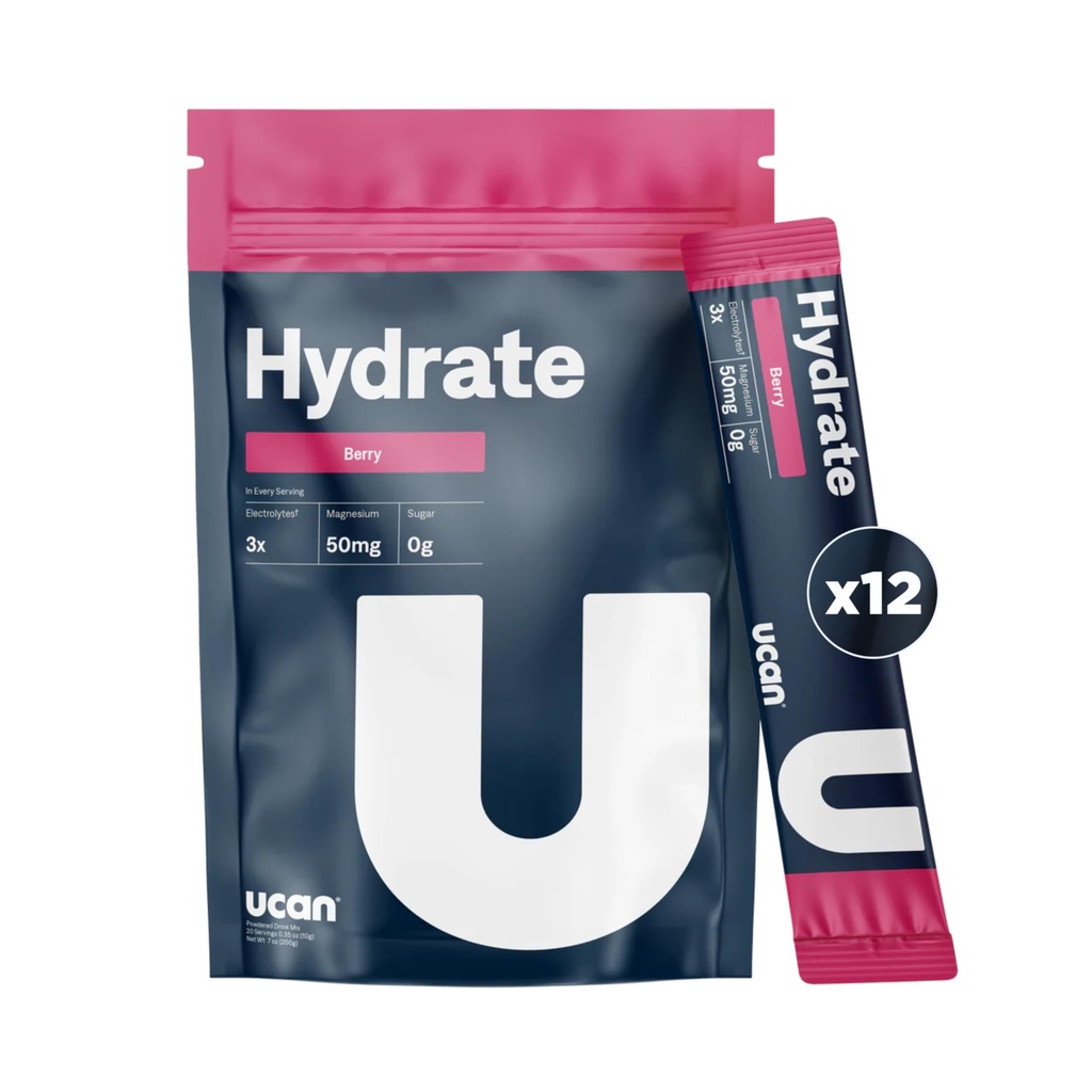 UCAN Hydrate Electrolite Drink Mix (Berry, 12 Stickpacks) Sugar- Free, Keto-Friendly, Vegan, Non-GMO, Gluten- Free Electrolite Powder with Pottasium & Magnesium for Runners & Athletes