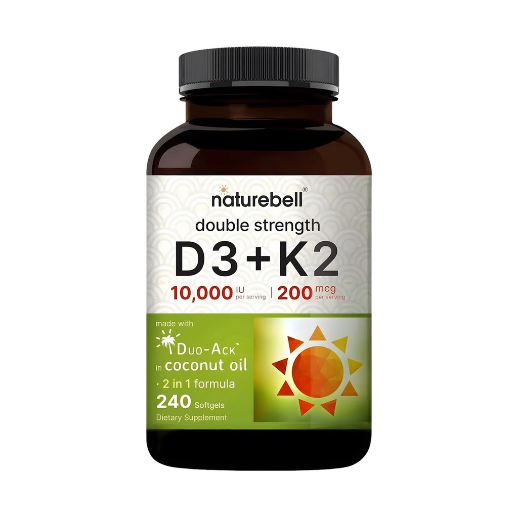 NatureBell Vitamin Double Power D3 + K2-240 Softgels - 10.000 IU Vitamin D & 200mcg K2 - Kekuatan Tulang, Fungsi Imunium & Calcium Absorpsi Dukungan * - Koconut Oil Infused