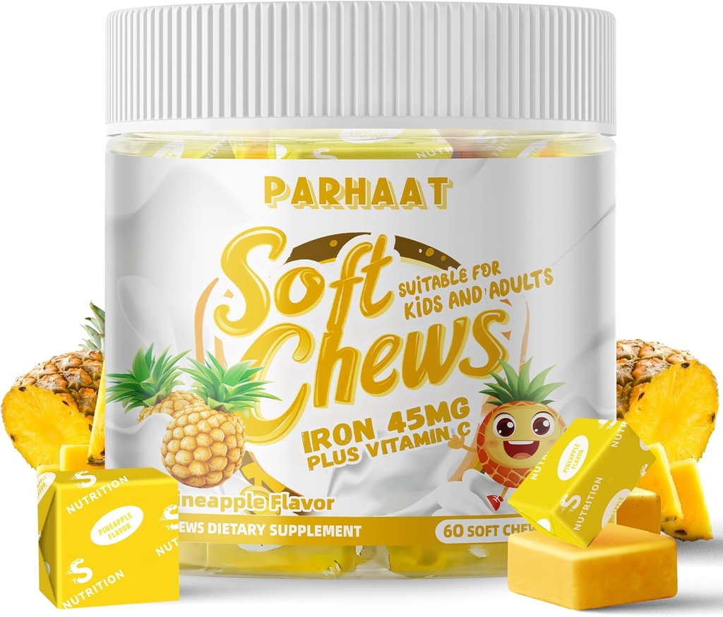 Iron Soft Chew Suplemen dengan Vitamin C 124; Pineapple Flavarored 124; Gluten Free Supplemen Besi untuk Pria dan Anak-Anak; 60 Count 124; 2 Pasokan Bulan