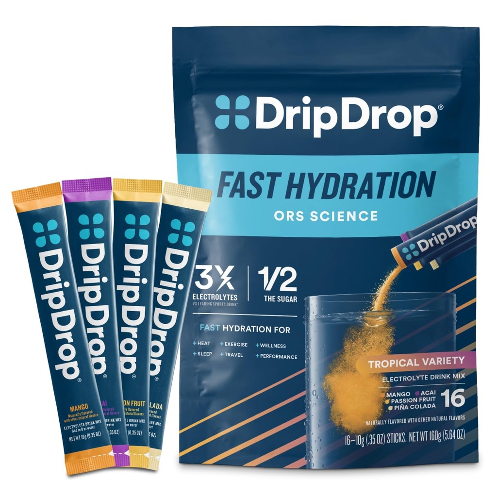 Paket Hidration DripDrop - Varian Tropical Pack - Single Serve Electrolytes Powder Minum Mix - Mangga, Açaí, Passion Fruit, Piña Colada - None-GMO, Gluten Free, Vegan - 16 Tongkat