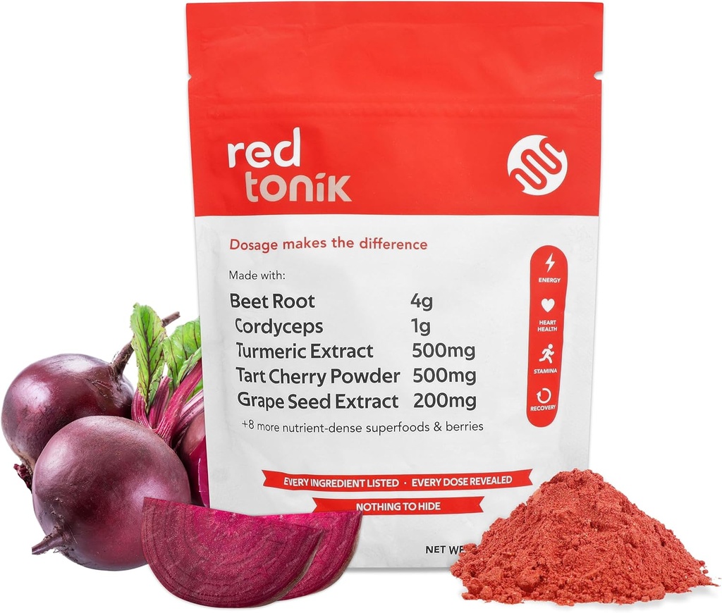Red Tonik Superfood Powder 124; Beet Root 124; Mushroom 124; Turmeric Supports 124. Tambahan harian dengan 13 Superfoods 14; Vitamin dan Minemins 124; Boost Energy, Stamina 124; Pos Pemulihan Kerja-124; Berry Flavor