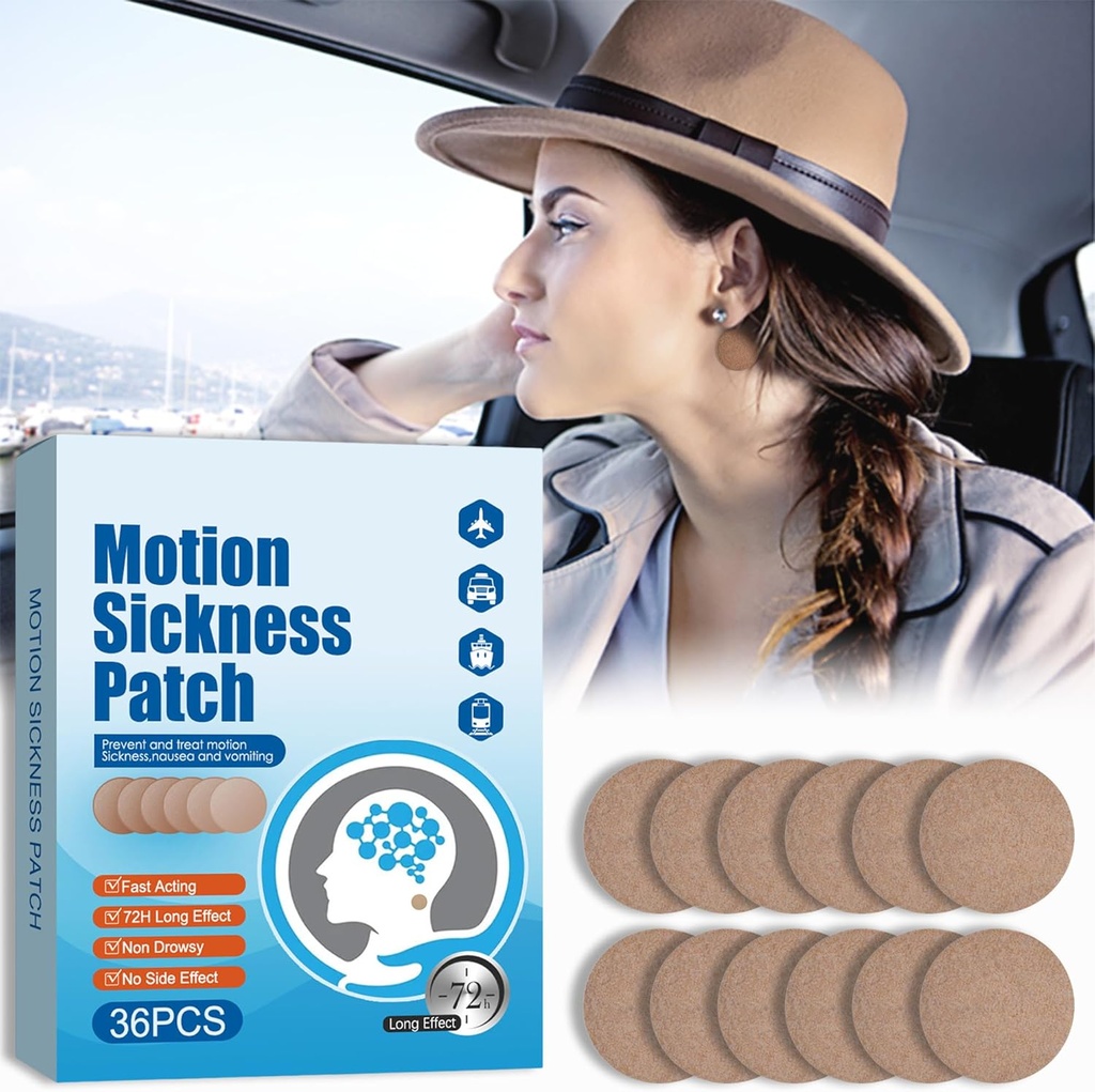 Motion Sickness Patch - Dizzy Vertigo & Nausea Relief - Motion Sickness Patches For Cruise Car And Boat Rides And Airplane Trips, Behind Ear Patches Motion Sickness For Dewasa And Kids, 36 Count
