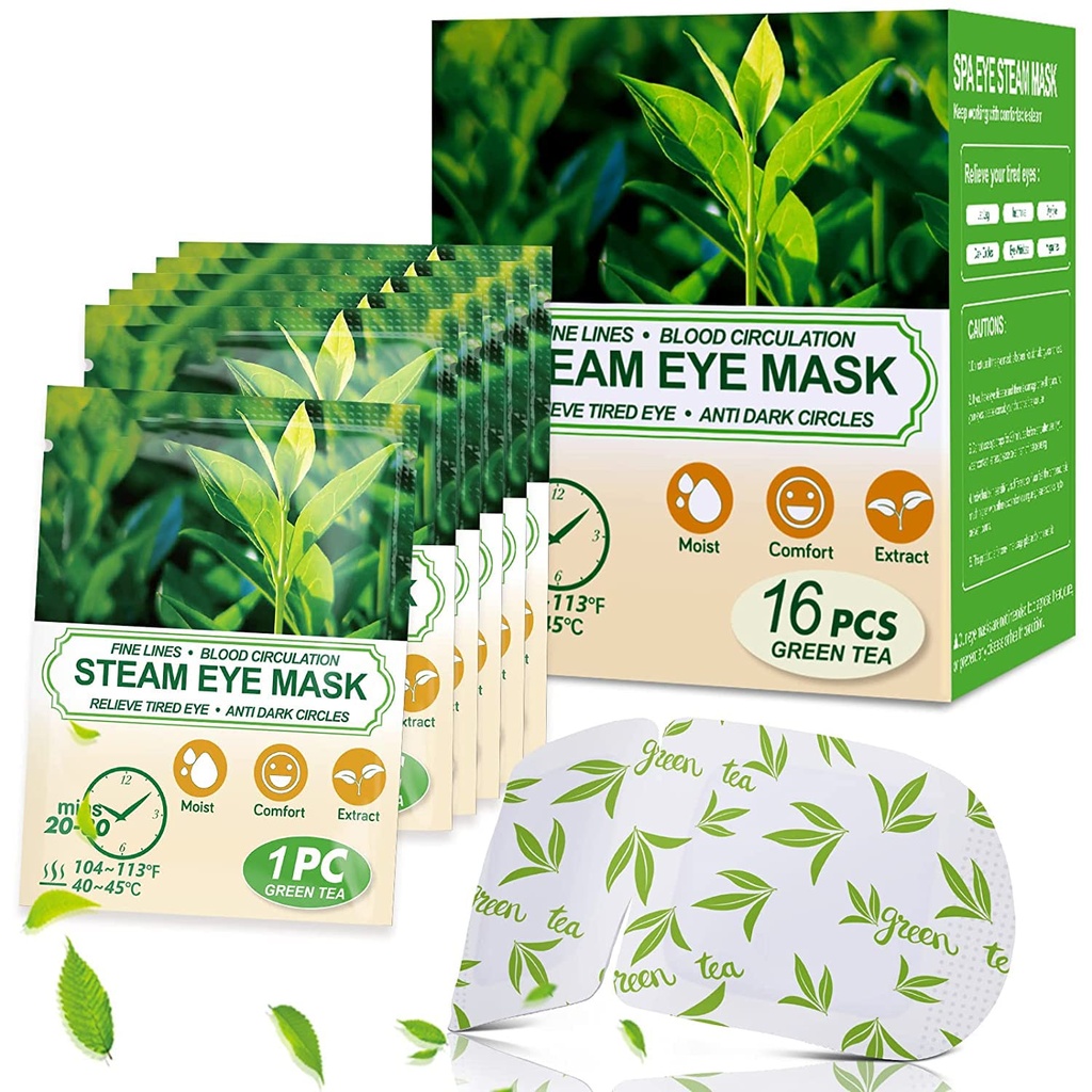 16 Par Steam Eye Masks for Dry Eyes, Green Tea Warm Eye Mask, Relief Eye Fatigue & Puffy Eyes, Moist Heating Compress for Eyes, Self Heated Eye Mask, Disposable Travel Essentials & Relaxation Sets
