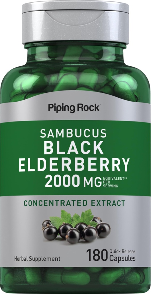 Piping Rock Elderberry Capsules 124; 2000 mg 124; 180 pil 124. Sambucus Herbal Ekstrings Supplemen: 124; Konsentrasikan Ekstrak 124; Non-GMO, Gluten Bebas