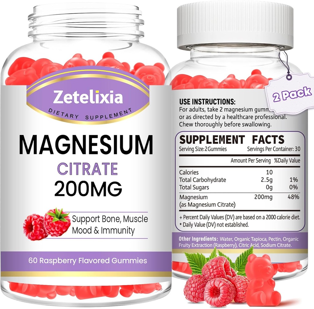 2 Pack Magnesium Citrate Gummies, Absorpsi Tinggi Magnesium Gummies untuk Dewasa, Dukungan Otot & Gigi, Vegan Natural Raspberry Flavor 120 Cts