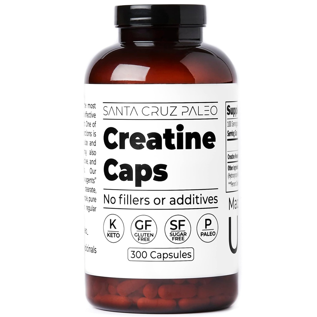 Santa Cruz Paleo Creatine Capsules, Pasokan Pentumbuhan Muscle & Energi, Gluten Free, Keto, Sugar Free, Paleo, No Filler atau Addoves, Cretine Monohydrate Pills, 2500mg, 100 Servings, 300 Capsules
