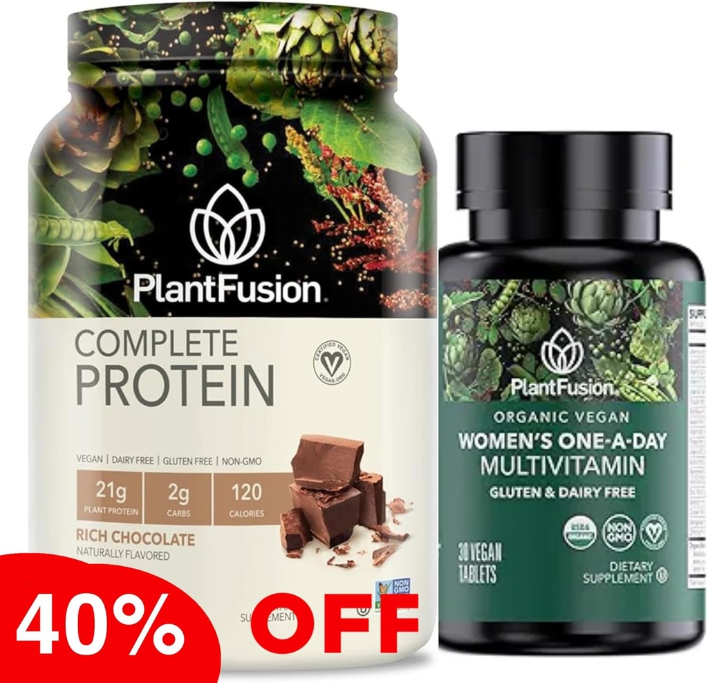 PlantFusion Protein Powder & Organic Women 's Multivitamin Bundle - 21g Plant - berbasis Protein dengan BCAAs, Ingredians Bersih, & Delicious Flavor Plus 19 Escience Vitamin for Energy, Imunity & Heart Hea