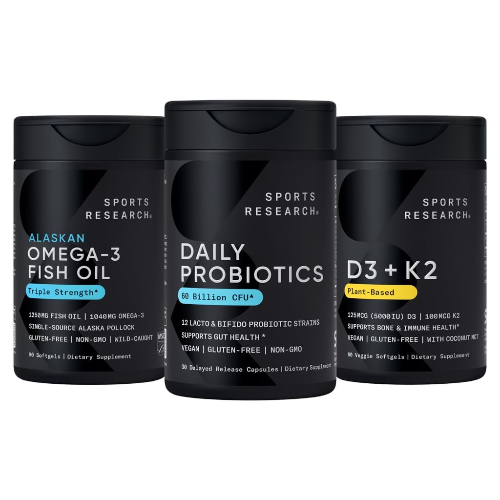 Penelitian Olahraga Wild Alaska Pollock Omega 3 Minyak Ikan 90 Softgels (150 mg) + Vegan Progren dengan Pregren, 60 Milyar CFU (30 Softgeels) + 5000 IU Vitamin D + 100mcg Mk7 Vitamin K (60 Softgelels)