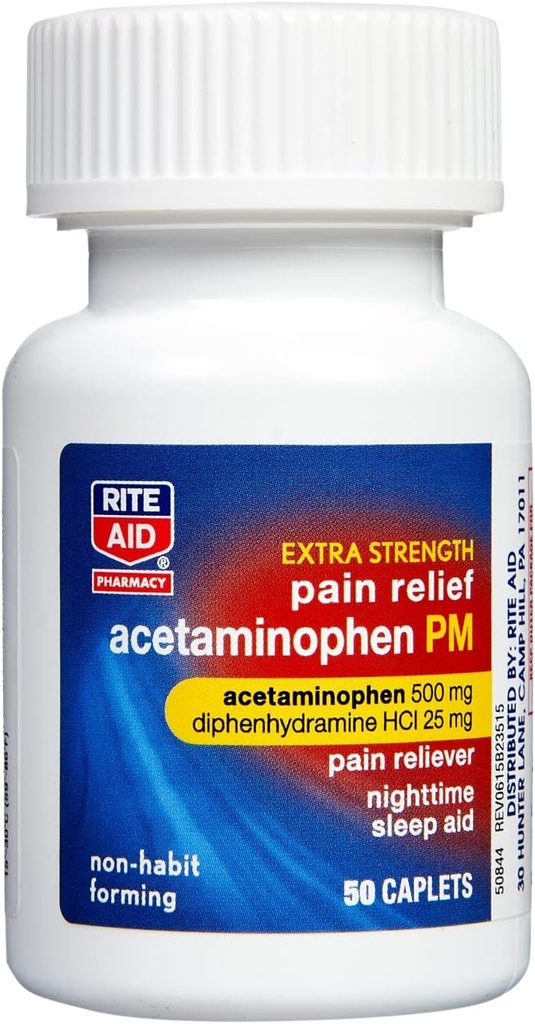 Rite Aid Extra Power Suit Relief Caplets, 500mg Acetaminophen / 25mg Diphenhydramine - 50 Count 124; Nighttime PM Reliever + Sleep Aid 124; Gabungan Relief Pain 124; Menstrual Pain Relief + PMS Relief