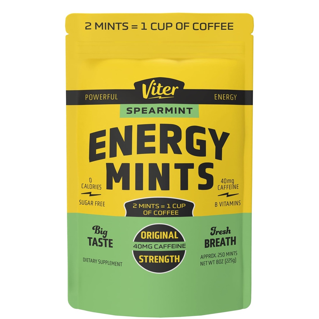 Viter Energy 40mg Caffeine Mints - Sugar Free, B Vitamin, Vegan, Boosts Fast Energized Alert Focus, Caffeinated Nootropic Supplemen (Spearmint Flavor, 8oz, Bulk Bag)