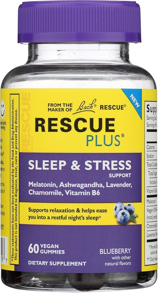 Bach Rescue Plus Sleep & Stress Dukungan Gummies, Tambahan Diet Malam Malam dengan 1mg Melonatin, Ashwagandha, Chamomile, Lavender & Vitamin B6, 60 Gummies (Paket 3)