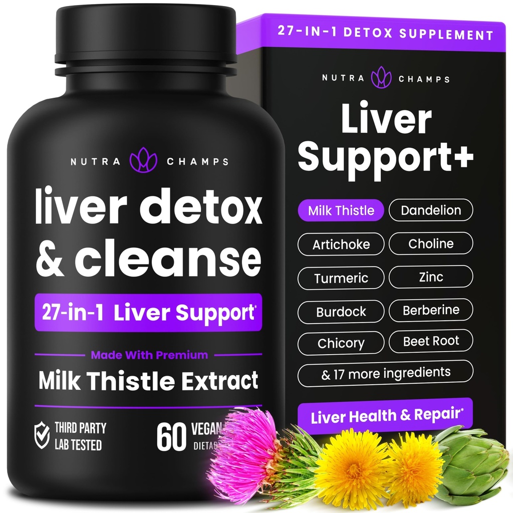NuttraChamps Liver Cleanse Detox & Repair Formula, 20 + Herbs: Milk Thistle Extract with Silymarin, Artichoke, Dandelion, Chicory Root Powder, Liver Support Pills, 60 Capsules