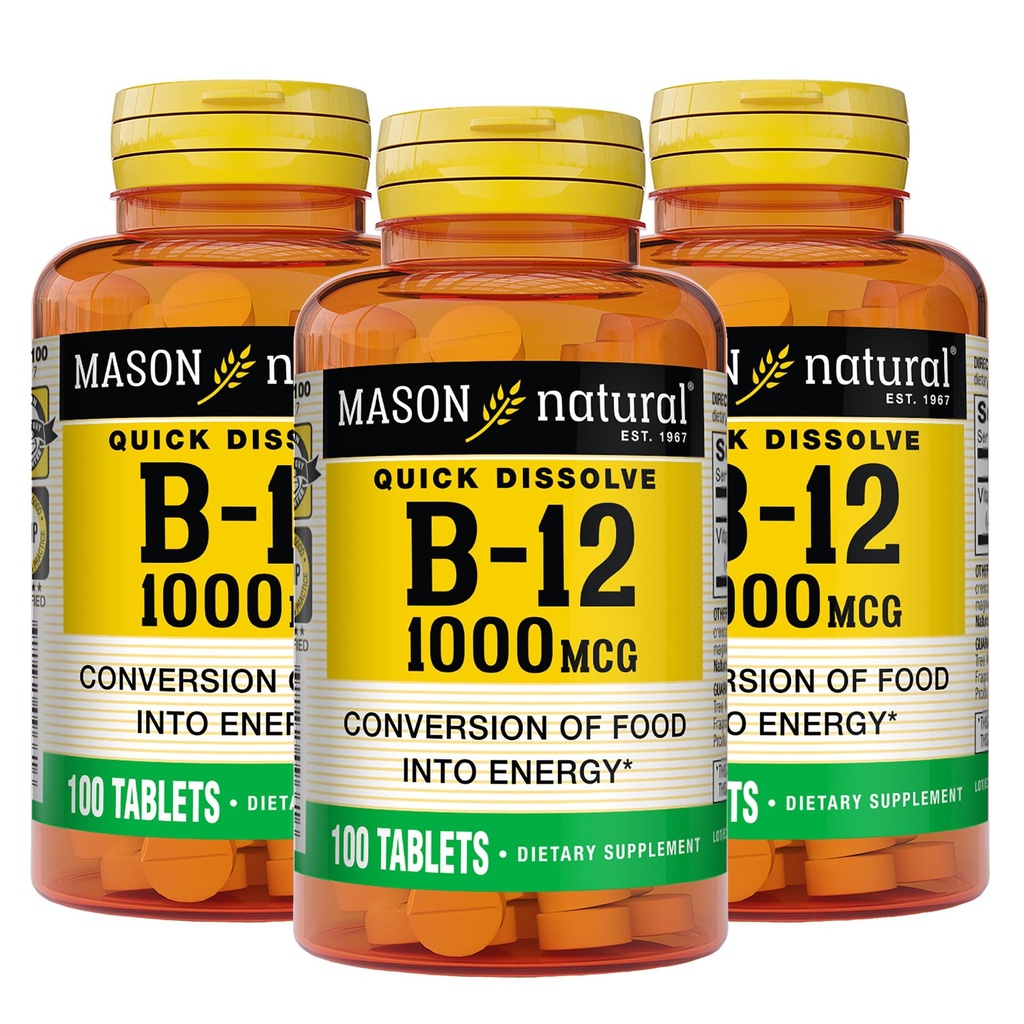 MASON NATURAL B, 12 1000 mcg Quick Dissolve, 300 Day Supply for Healthy Conversion of Food into Energy (3 Pack)