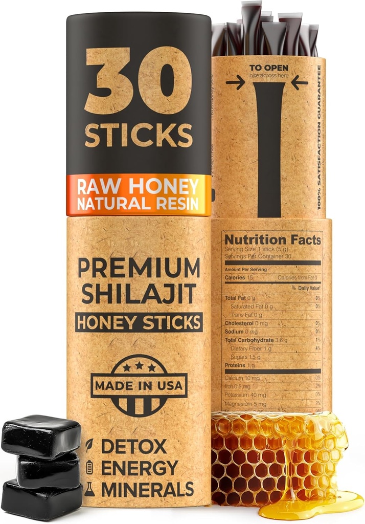 NATURAL SHILAJIT Honey Sticks - Shilajit Resin with Raw Honey, Fulvic Acid & Trace Minements, Plant Based NUtrients for Energy, Immune Dukung & Vitalitas - 30 Shilajit Sticks