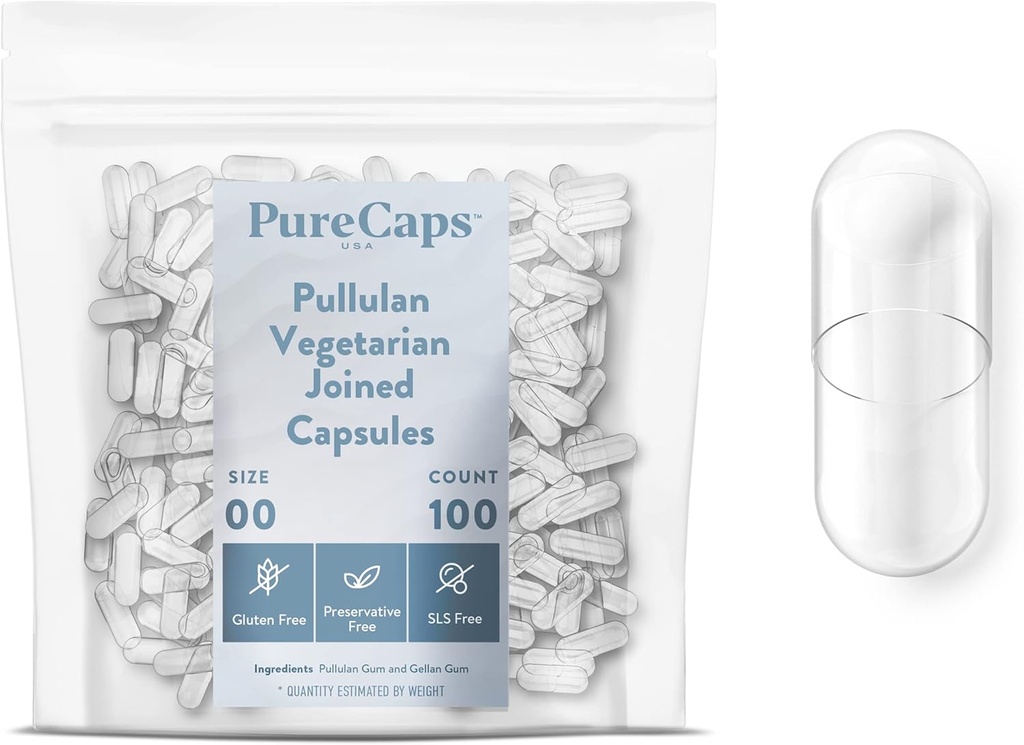 PureCaps USA - Kosong Vegetarian Vegan Pullalan Pullulan Kasules Pill Ukuran 00 124; 100 Pills Bergabung 124; Clear 124; Non-GMO Bersertifikat 124; SLS, Gluten, Preservative Free