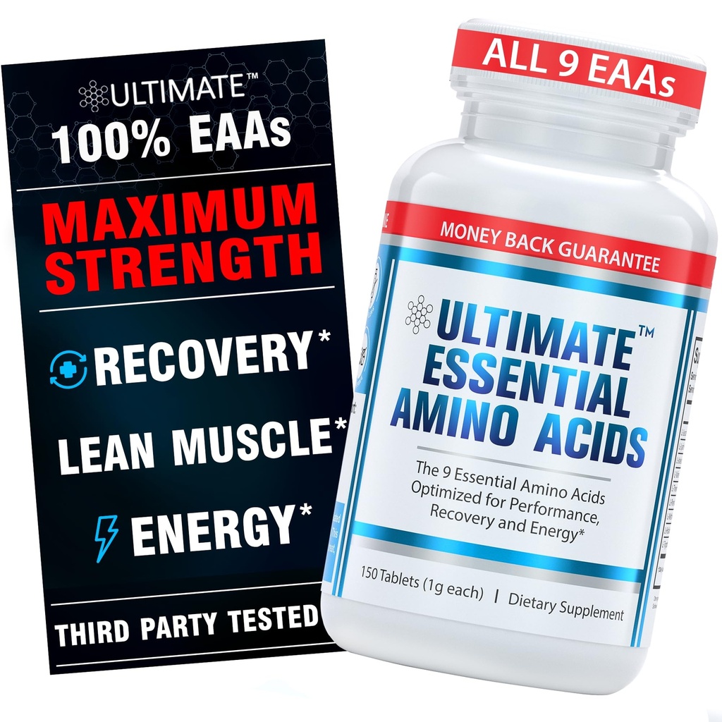Suplemen Amino Acids Ultimate untuk Pemotongan, Fasting & Workout, Semua 9 EAAS, 3000mg, 40% Leucine, 4: 1: 1 BCAA Rasio, Binder- Bebas dengan Coating Organik, Vegan, Keto, Non-GMO, 150 tablet