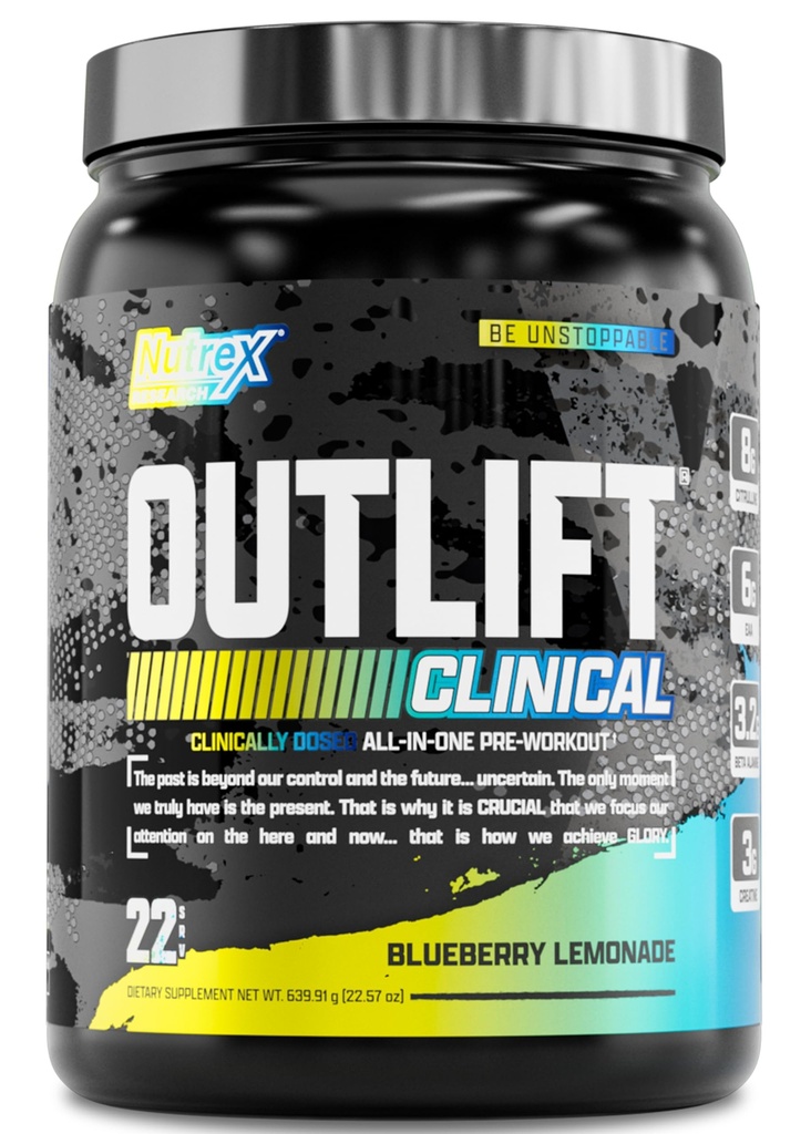 Nutrex Research Outlift Clinical Clinically Dosed Pre Workout Powder with Creatine, Citrulline, EA 124; Energy, Performance, Pump Preworkness Supplement for Men & Women (22 Servings, Blueberry Lemonade)