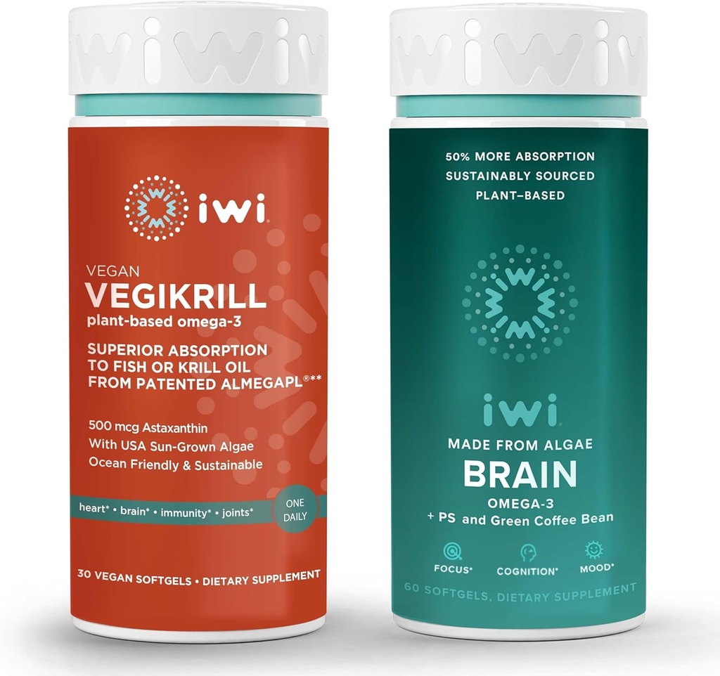 iwi Life Vegikrill & Brain Omega-3 Bundle, 30 pelayan, Vegan Plant - berbasis Algae Omega 3 dengan EPA + DHA, Krill & Fish Oil Alternative, No Fishy Aftertaste