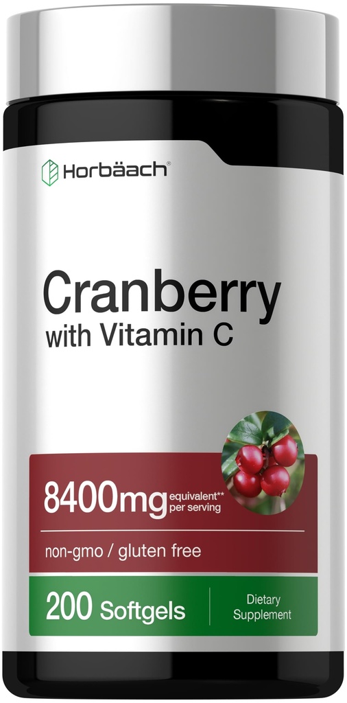 Horbäach Cranberry Pil untuk Perempuan dan Pria 124; 8400mg 124; 200 Softgels 124; Ekstrak Suplemen dengan Vitamin C 124; Non-GMO, Gluten Bebas