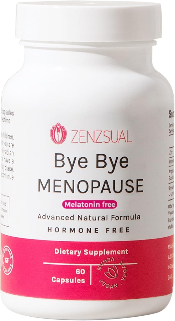 ZENZSUAL Bye Bye Menopause Supplemen Perempuan - Dukungan Menopause Alam untuk Hot Flashes, Night Sweats, Mood Swings & Hormone Keseimbangan - Bebas Meltonin, Vegan, Estrogen - Formula Bebas - 60 Capsules