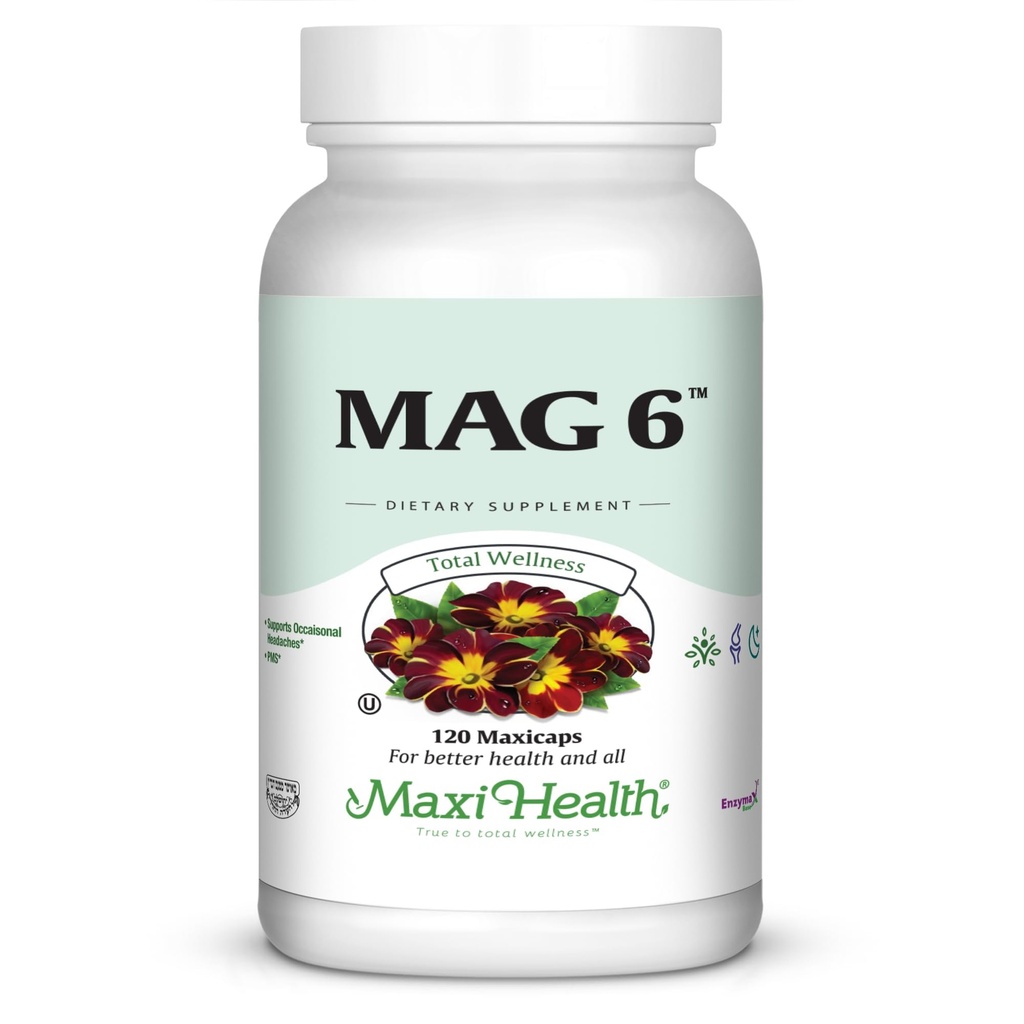 Maxi Health MAG 6 - Magnesium (as Oxide, Glycinate) with Vitamin B6 - Migraine, Muscle Cramps, Ginjal Stone Dukung - Magnesium Suplemen Perempuan & Pria - 120 Kapsul - Kosher