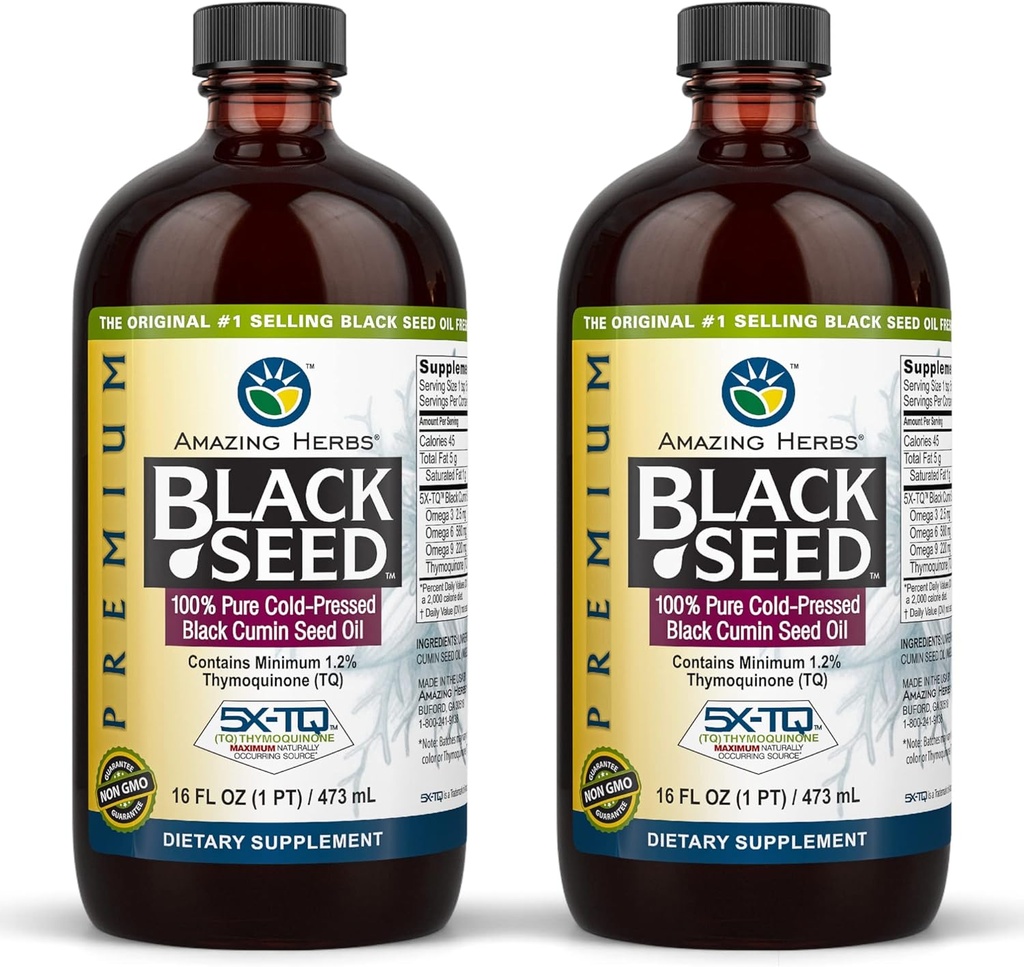 Amazing Herbs Premium Black Seed Oil - Gluten Free, Non GMO, Cold Menekan Nigella Sativa Aids in Digetical Health, Imune Dukungan, Fungsi Otak, Gabungan Mobilitas - 16 Fl Oz (Paket 2)