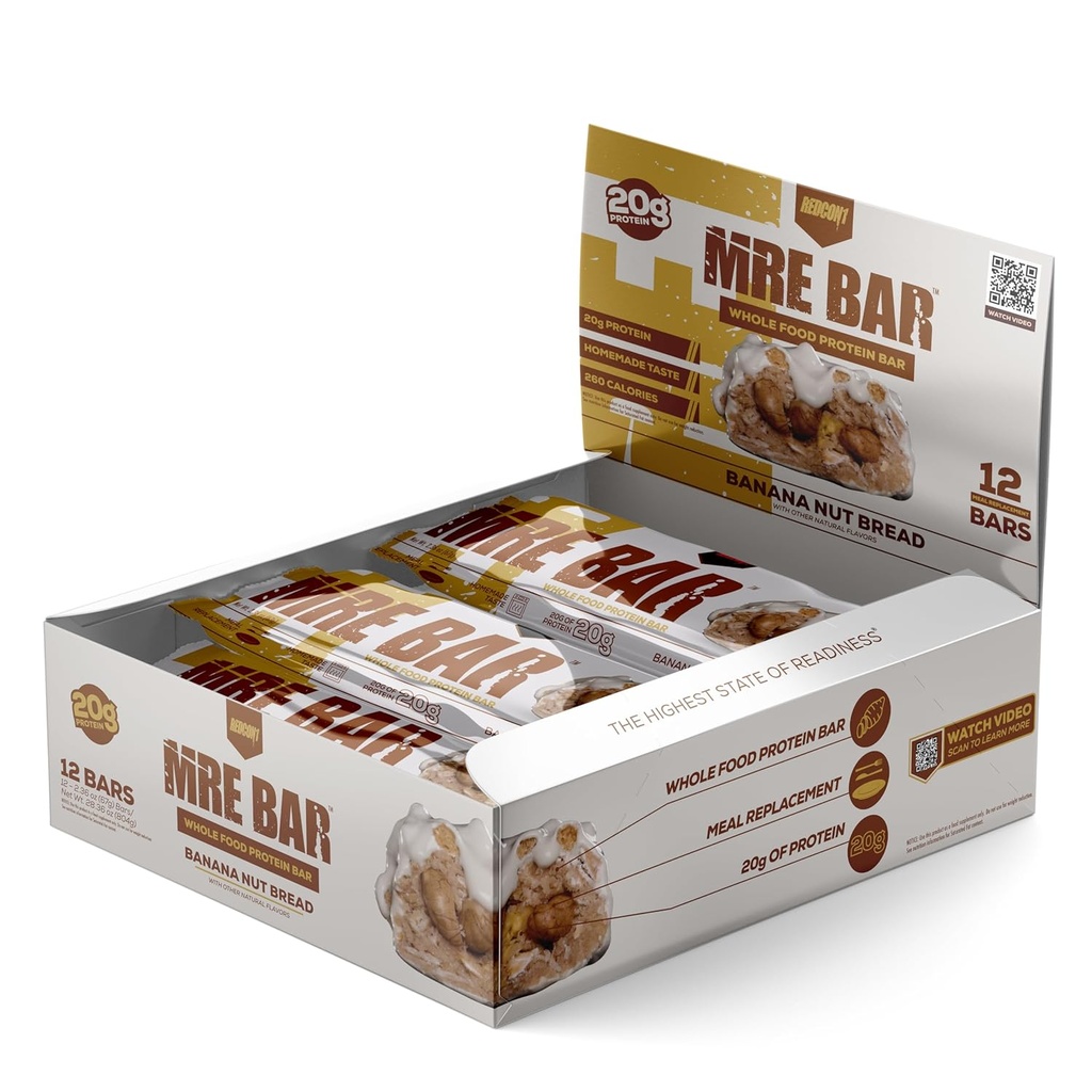 Bar Protein REDCON1 MRE, Banana Nut Bread - Berisi MCT Oil + 20g dari Whole Food Protein - Mudah Diperoleh, Macro Balanced Low Sugar Replacement Bar (12 Bars)
