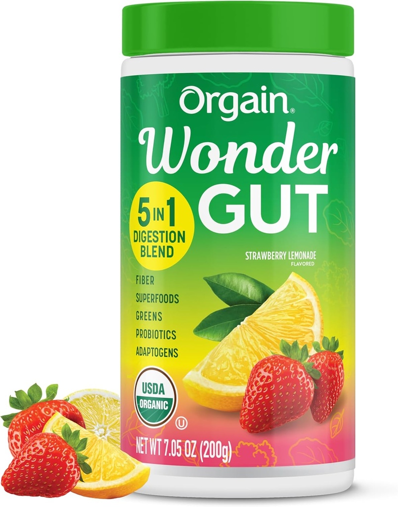 Orgain Organic Wonder Gut Fiber Powder, 5 in 1 Blend with 1 Billion Progories, Greens, Vitamin C, Adaptogens for Gut Health and Imune Dupport, Non- GMO, Strawberry Lemonade, 7.05 oz